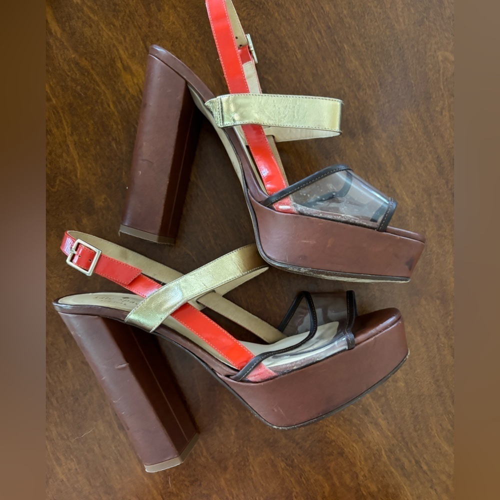 Kate Spade Platform 70s Orange Gold Brown Open Toe Chunky Heels